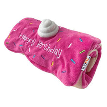Load image into Gallery viewer, Pink plush toy resembling a birthday cake with &#39;Happy Birthday&#39; text on a white background