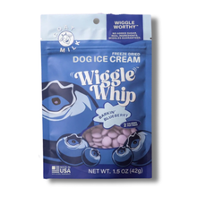 Load image into Gallery viewer, A package of Wiggle Whip Barkin' Blueberry freeze dried dog ice cream, featuring a blue and white stand-up pouch with illustrations of a fish and blueberries.