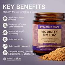 Load image into Gallery viewer, A jar of proactive paws Mobility Matrix veterinary supplement for dogs and cats, shown with a pile of the brown powder in front. The image includes a 'KEY BENEFITS' section listing joint support, reduced stiffness, muscle strength, joint lubrication, daily mobility support, and support for tendons and ligaments.