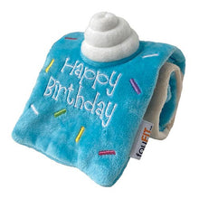 Load image into Gallery viewer, Blue plush toy with &#39;Happy Birthday&#39; text and colorful decorations on a white background