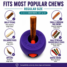 Load image into Gallery viewer, A dog chew toy compatibility infographic showing a purple rubber chew holder with a brown bone-shaped chew inserted, surrounded by labeled examples including Bully Sticks, Collagen Sticks, Antlers, Small &amp; Medium Yak Chevs, Small &amp; Medium Braided Bully Sticks, and Dental Chevs. Text indicates regular size and chew width 1/8" to 1 1/4".