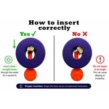 Load image into Gallery viewer, Instruction graphic showing how to insert a purple dog bully bone chew correctly versus incorrectly. The left side, labeled 'Yes ✓', shows the chew inserted straight down with green text and icon instructions.