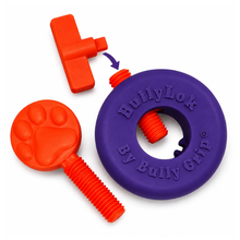 Load image into Gallery viewer, BullyLok dog toy set by Bully Grip, featuring a purple circular ring with an orange threaded center, an orange paw-print shaped wrench, and an orange T-handle tool, shown on a white background.