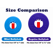 Load image into Gallery viewer, Size comparison graphic showing two circular dog chew grips on a white background: a smaller blue Mini BullyLok on the left and a larger purple Regular BullyLok on the right, with text indicating fit for chews from 1/8" to 1 1/4" wide.