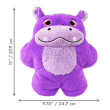 Load image into Gallery viewer, Purple hippo plush toy with dimension arrows showing a height of 11 inches (27.9 cm) and a width of 9.