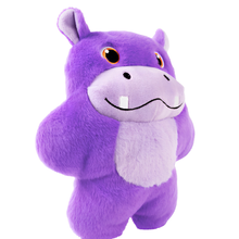 Load image into Gallery viewer, A purple hippo plush toy with a lighter purple snout, belly, and inner ears, standing against a solid white background.