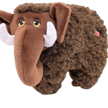 Load image into Gallery viewer, A brown woolly mammoth plush toy with white tusks, yellow eyes, and a small red tag on its side, shown against a plain white background.