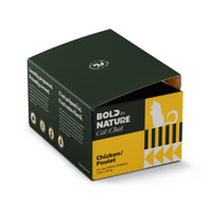 A box of Bold by Nature Raw Chicken patties for cats made with ground chicken meat, bone, and organs.