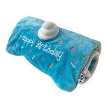 Load image into Gallery viewer, Blue plush toy resembling a birthday cake with &#39;Happy Birthday&#39; text on a white background