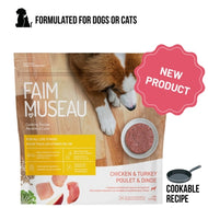 Package of Faim Museau Cookable Chicken and Turkey dog food medallions.
