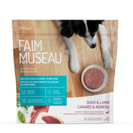 Package of Faim Museau Frozen Raw Duck and Lamb dog food medallions.