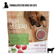 Package of Faim Museau Simply Beef frozen raw food medallions for dogs and cats.
