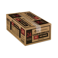 Frozen 24 lb box of Iron Will Raw Canine Complete Beef Dinner.