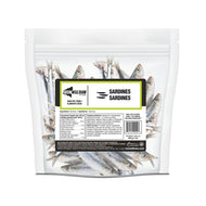 Bag of Iron Will Raw frozen whole sardines for dogs and cats.