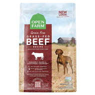 A bag of Open Farm Grain-Free Grass-Fed Beef Dry Dog Food featuring ethically sourced beef and wholesome vegetables.