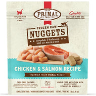 Bag of Primal Feline Frozen Raw Chicken and Salmon Nuggets for cats.