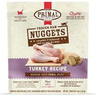 Resealable bag of Primal Feline Frozen Raw Turkey Nuggets for cats.
