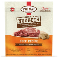 Resealable bag of Primal Frozen Raw Beef Nuggets for dogs.