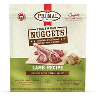 Resealable bag of Primal Frozen Raw Lamb Nuggets for dogs.
