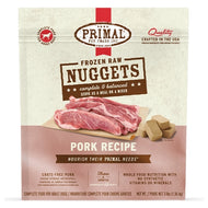 Resealable bag of Primal Frozen Raw Pork Nuggets for dogs.