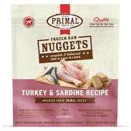 Bag of Primal Frozen Raw Turkey & Sardine Nuggets for dogs.